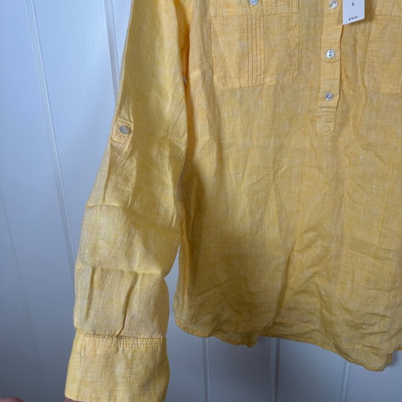Talbots Popover Top Womens Sz S Yellow Roll Tab Sleeve Linen Beach Nautical NWT! - Picture 5 of 8